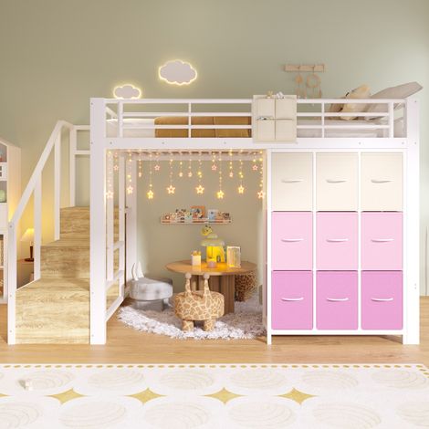 Lit mezzanine 140x200 cm en métal avec 9 tiroirs et penderie, échelle avec rangement, rambarde de sécurité, blanc