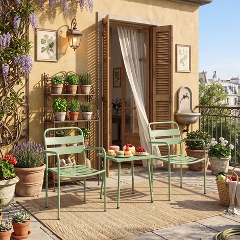 Creahappy Salon de Jardin Bistrot Table 50x50 cm et 2 Fauteuils - Métal Robuste et Traité Antirouille Vert - Idéal Balcon Terrasse (1/5)