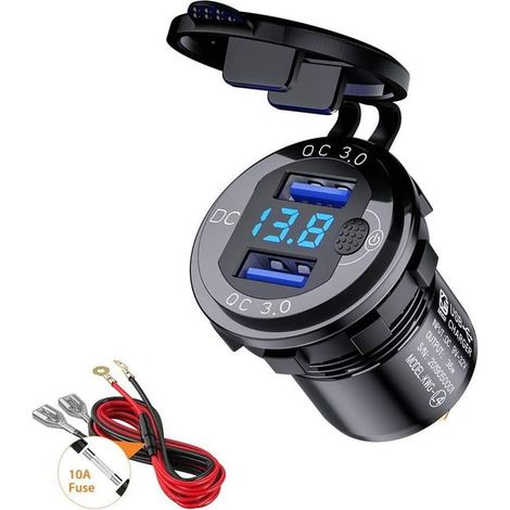 Quick Charge QC 3.0 USB Car Charger Waterproof Dual Port Adapter 36W Fast Charging with LED Digital Voltmeter for 9V - 32V Boat Motorcycle ATV Bus Truck SUV (Black) (1/5)