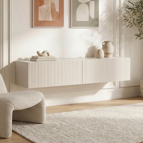 Meuble TV suspendu 160cm beige à tasseaux LEYA (1/5)