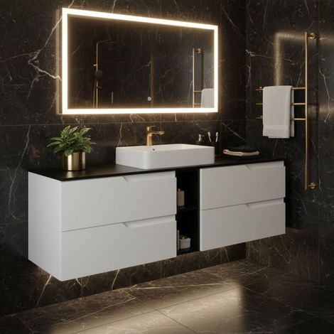 Meuble de salle de bain suspendu 140 cm, blanc et noir, plan de toilette, 4 tiroirs, étagère intégrée, sans vasque – MODERN
