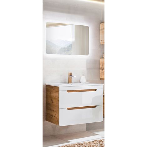 Badezimmermöbel Set Hochglanz weiß, Wotan Eiche Nb. LUTON-56 mit 81 cm Waschtisch & LED-Spiegel, 81/200/46 cm (1/5)