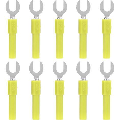 10 connecteurs fourche Y en laiton, diamètre 6mm/0.2in, trou 4mm/0.2in, fiche banane, 30Vac-60Vdc max, 10A, jaune (1/5)
