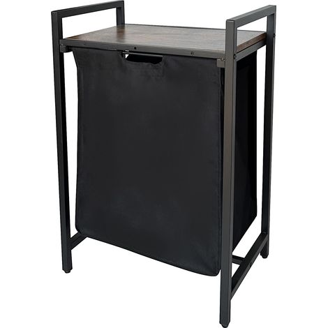 Panier à linge avec étagère - Panier à linge en métal noir avec aspect bois rustique - Sac à linge amovible, peu encombrant, stable, pour salle de bain, chambre ou buanderie - 66 x 47 x 33 cm (1/5)