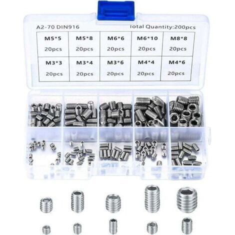 Vis Sans Tête en Acier Inox, M3 M4 M5 M6 M8 Vis à Métaux, Assortiment Kit de Fixations Vis Pointeau（200Pcs)-