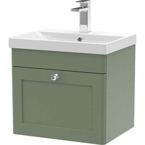 Swynnerton Traditional 1 Drawer Wall Hung Vanity Unit with Thin Edge Basin, Satin Green, 500mm (1/4)