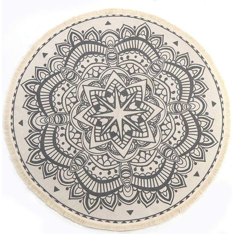 Tapis Rond - Coton - Mandala - Franges - Lavable En Machine - Pour Salon Chambre À Coucher - 120 cm (1/4)