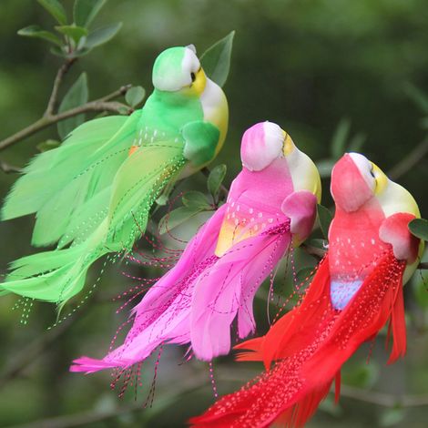 Künstliche Gartendekoration – Vögel mit Clip – 12 mehrfarbige Schaumstofffedern