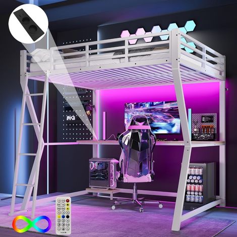 Letto a soppalco 140x200 cm con illuminazione LED, scrivania, scaffale PC e prese USB/elettriche, bianco per adulti e adolescenti (1/5)