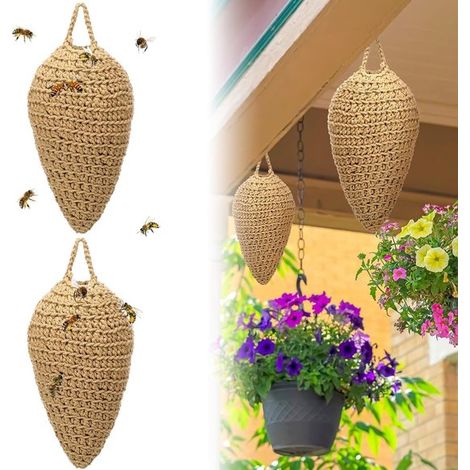 Lot de 2 faux nids de guêpes crochetés à suspendre, décoration artificielle anti-guêpes pour extérieur, jardin et terrasse, 32 x 20 cm, kaki