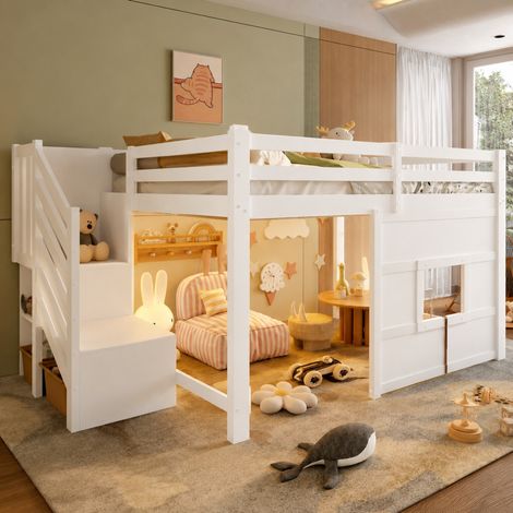 Cama alta 140x200 cm en pino y MDF blanco, con almacenaje, para dormitorio, sin colchón – MEUBLIV (1/5)
