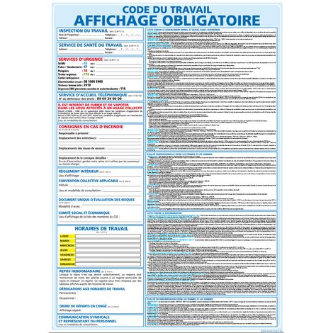 Panneau Affichage Obligatoire – Code du Travail – 350 x 125 mm – PVC 1,5 mm