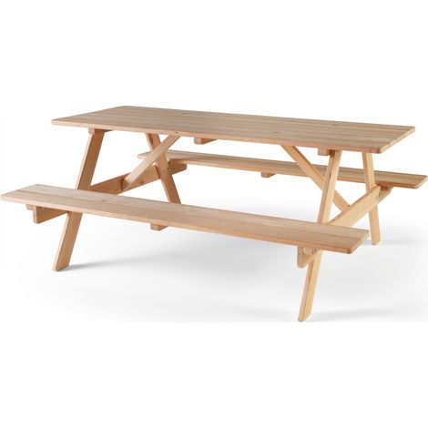 Oviala – Table de pique nique en bois FSC 6 places – Structure en bois de Hemlock – Finition vernis transparent – Dimensions 182,5 x 153 cm