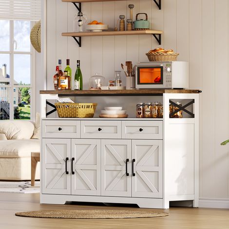 Bahut 140 cm avec espace de rangement, bar à café avec 3 tiroirs, meuble style campagne avec portes et tablettes pour cuisine, salon et entrée, style rustique Blanc / Marron
