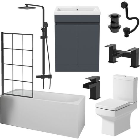 Aquari Complete Bathroom Suite Black Bath Shower Screen Basin Vanity Toilet Taps 1700mm