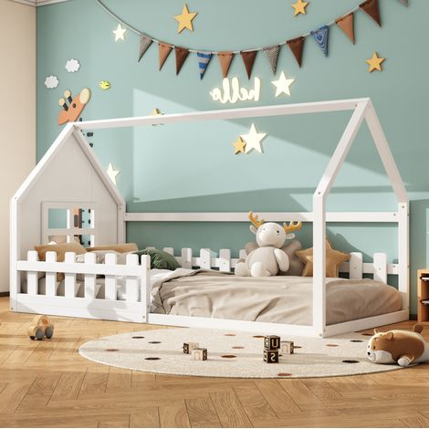 DESVIAE Lit cabane enfant 90 x 200 cm en pin et MDF blanc style maison avec 7 lattes (1/5)