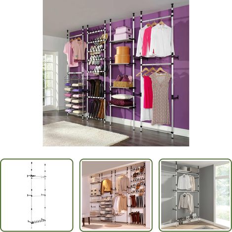Kleiderschrank - Teleskop-Garderobe mit Stangen und Regal Aluminium (1/5)