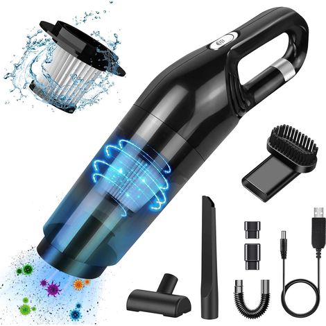 Powerful Handheld Vacuum Cleaner, Wireless Vacuum Cleaner 120 W, Car Vacuum Cleaner with Extra Long Crevice Nozzle Nozzle, Multifunctional Handheld Vacuum Cleaner for Car, Home, 10,000 Pa Black (1/5)
