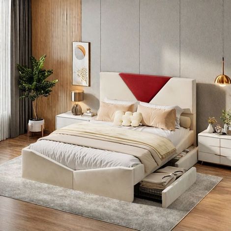 Cama 160x200 cm - Cama doble 160x200 cm con 4 cajones - Cama doble - Cama para 2 personas - Somier incluido - Tela de terciopelo - Beige