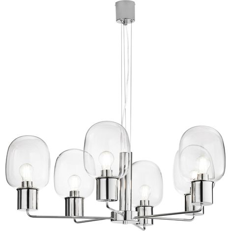 "Lampadario a sospensione FELLINI in metallo cromato con sei diffusori in vetro" (1/2)