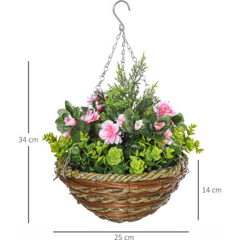 Lot de 2 lisianthus artificiels avec pot et crochet, plantes artificielles en PE et osier, Ø 25 x 34 cm, vert et rose (1/5)