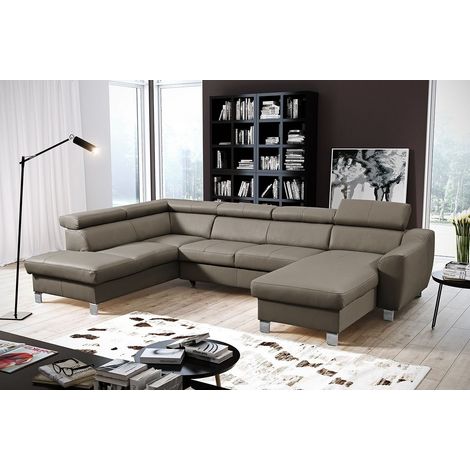Canapé d'angle convertible en cuir italien de luxe 7/8 places ASTON, taupe, angle gauche (1/5)