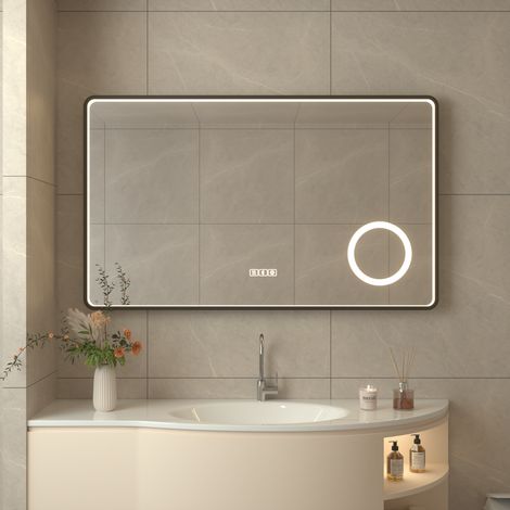 Miroir LED Bluetooth Salle de Bain 80 x 60cm, Miroir avec Une Loupe 3X, 3 Couleurs Lumière,  Mémoire, Dimmable, Interrupteur Tactile, Verre Trempé HD