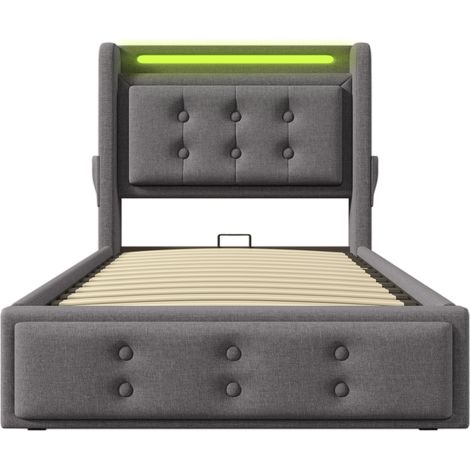Cama canapé 90x200 gris con cabecero LED, carga USB-C, somier de madera y metal, HOMVRA (1/5)