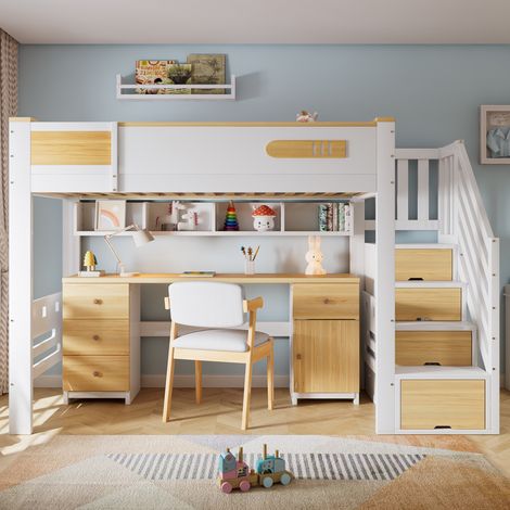 Lit mezzanine enfant en bois 90x200 cm avec bureau intégré, escalier de rangement, tiroirs, étagère suspendue, pin et MDF, blanc et naturel (1/5)