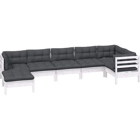 vidaXL Set Divani da Giardino 7 pz con Cuscini Bianchi Legno di Pino (1/4)