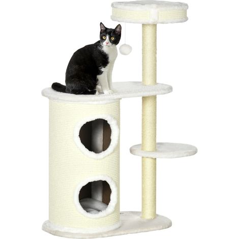 Rascador De 100 Cm Con Barril Rascador, Columna De Sisal Y Pelota De Juego, Cojín, Blanco Crema