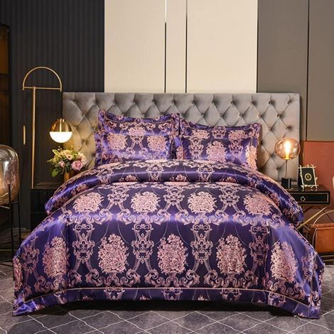 Bettwäsche-Set Lila 200x200cm Satin mit Blumenmuster und Rüschen, 2 Kissenbezüge 80x80cm