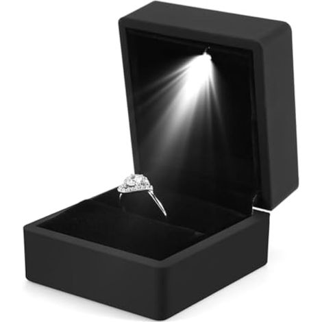 Boîte à bagues avec lumière LED, coffret de présentation pour bijoux, boîte pour bague de fiançailles, boîte cadeau d'anniversaire (noir) (1/5)
