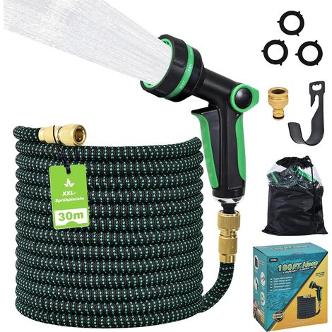 Tuyau Arrosage Extensible 30 m, Rétractable x3, Pistolet 10 Jets De 10 à 30 m latex 3 couches, gaine tressée haute densité et raccords métal 1/2" et 3/4" pour jardin, terrasse et voiture. (1/5)
