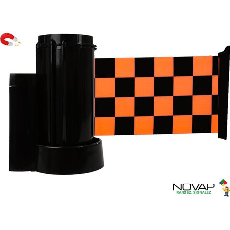 Enrouleur mural magnétique Noir avec sangle damier orange fluo/noir 3m x 100mm - 2700399 (1/3)