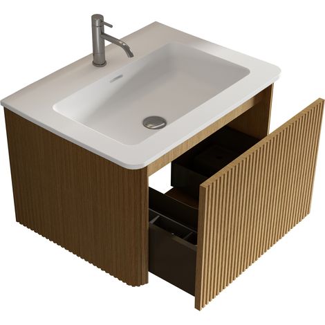Lavabo en minéral avec meuble suspendu 60 cm, design rainuré, chêne naturel, préassemblé pour petites salles de bains (1/5)