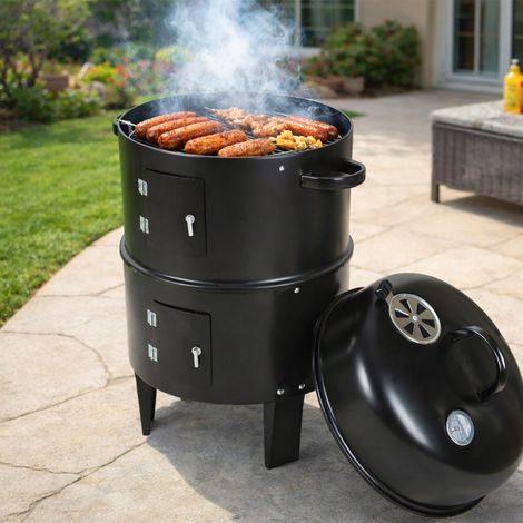 TolleTour 3 en 1 Barbecue Fumoir BBQ Charbon de Bois Thermomètre intégré avec Thermomètre intégré, Réglage d'air, Bac à eau, 3 Grilles de Cuisson (1/5)