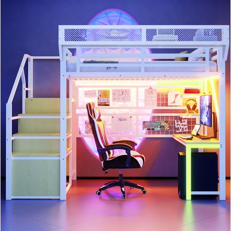 Cama alta dormitorio con escritorio LED enchufe blanca OKMYHOME (1/5)