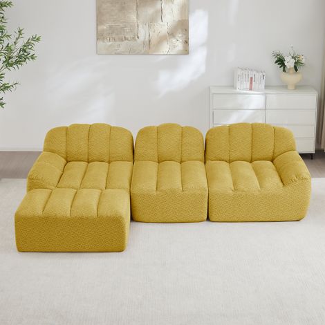 Canapé d'angle modulable 3 places + pouf mousse 32D tissu doux jaune