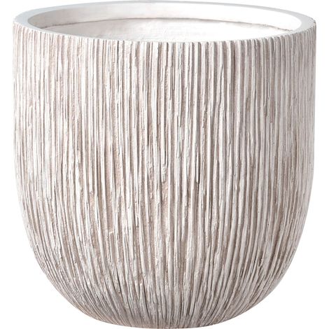 Pot de Fleurs Moderne en Fibre d'Argile Cannelé 42 x 42 x 39 cm Rond Intérieur Extérieur Beige Clair Hanyue