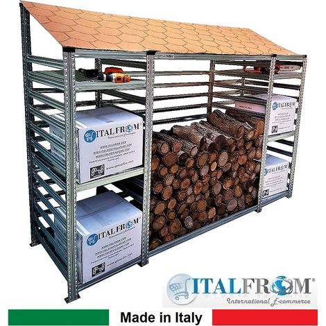 Legnaia Modulare ITALFROM� in Acciaio Zincato Autoportante - con 6 Ripiani Portaoggetti - Modulo Iniziale - cm L248(M1=60 + M2=128 + M3=60)xP60xH200 Tetto Rosso (1/4)