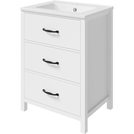 Lavabo sur pied blanc 61 cm 3 tiroirs glissières silencieuses vasque céramique monobloc laqué (1/5)