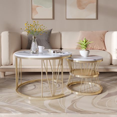Set di 2 tavolini da salotto rotondi 70 cm, piano lucido effetto marmo in PVC e gambe in metallo, stile industriale - oro