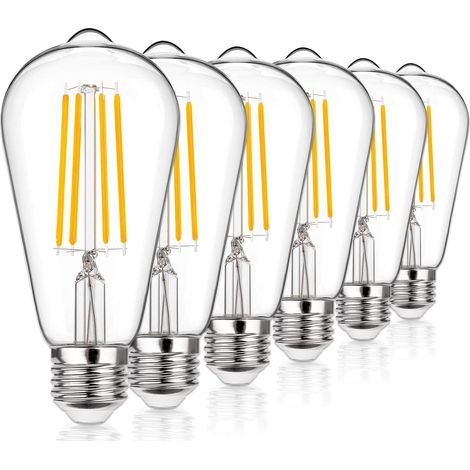 Ampoule LED Vintage Edison, E27 Edison Vis ST64 Filament Ampoule 4W (équivalent 40W) 400LM 2700K Blanc Chaud, Lampe Antique Style Rétro à l'Ancienne, Paquet de 6 Verre Clair (1/5)