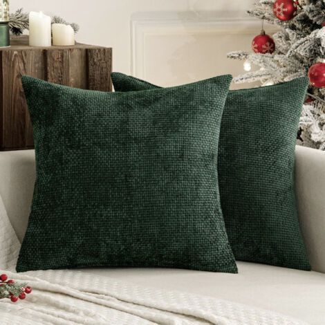Dark Green Sofa Cushion Cover 45 x 45 cm, Set of 2, Thick Needle Knitted Chenille, Ideal for Bedroom or Living Room (1/5)