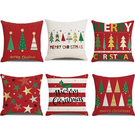 6 fundas de cojín, lino de algodón rojo, decoración navideña, para sofá, sala de estar, cama, coche. (1/5)
