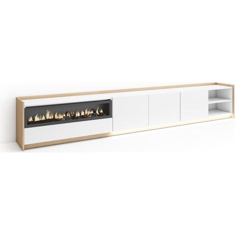 Skraut Home - TV-Schrank, Lowboard, für Wohnzimmer und Esszimmer, 310x37x50cm, Für TV-Geräte bis zu 80", Elektrokamin., LED, Moderner Stil, Weiß und Eiche Soft (1/5)