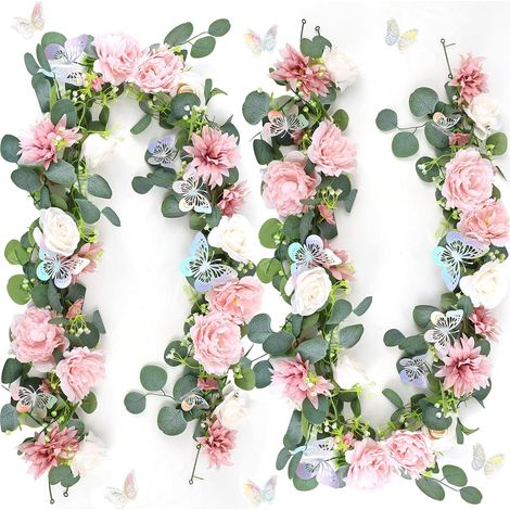 Guirlande de fleurs artificielles (lot de 2) de 1,8 m avec papillons, fausses roses et guirlandes d'eucalyptus pour décorer une arche ou un centre de table lors d'un mariage.-AquaForge (1/5)