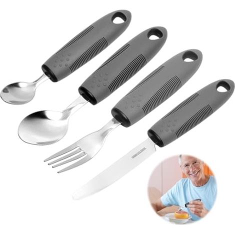 Ergonomisches 4-teiliges Besteckset für Senioren mit verdicktem Griff – rutschfestes Parkinson-Besteck, Edelstahl, spülmaschinenfest, Esshilfe (1/5)