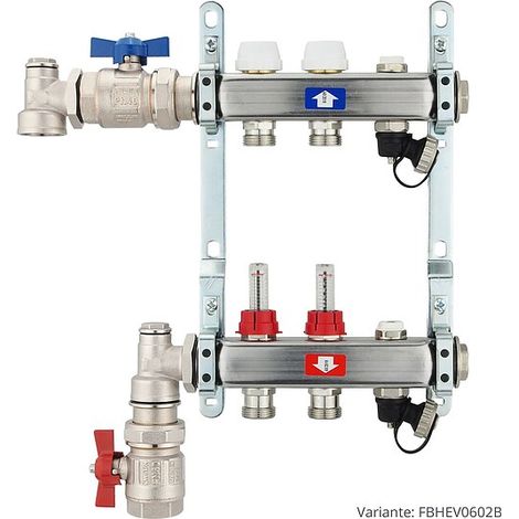 Fußbodenheizungsverteiler aus Edelstahl mit Topmeter für 2 Heizkreise - mit Anschlussset senkrecht (1/3)